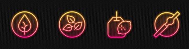 Set line Tea bag with lemon leaf and Cigarette. Glowing neon icon. Vector.