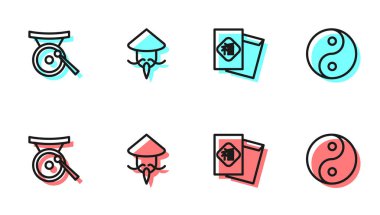 Set line Chinese New Year Gong musical instrument Asian or conical straw hat and Yin Yang symbol icon. Vector.
