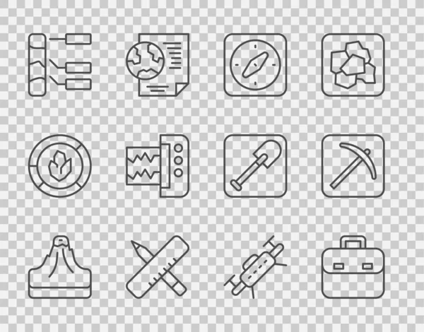 Set Line Volcano Briefcase Compass Crossed Ruler Pencil Soil Analysis — 스톡 벡터