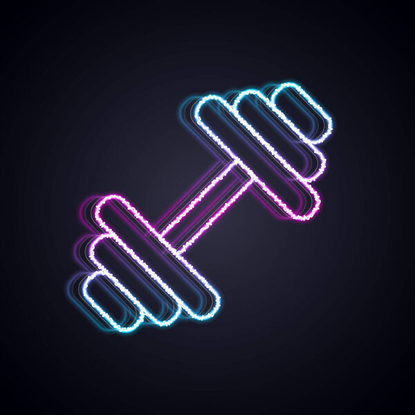 Glowing neon line Dumbbell icon isolated on black background. Muscle lifting icon, fitness barbell, gym, sports equipment, exercise bumbbell. Vector.