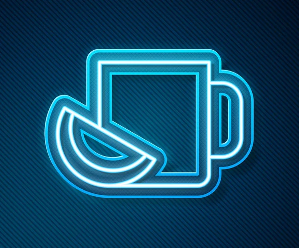 Glowing Neon Line Cup Tea Lemon Icon Isolated Blue Background — Archivo Imágenes Vectoriales