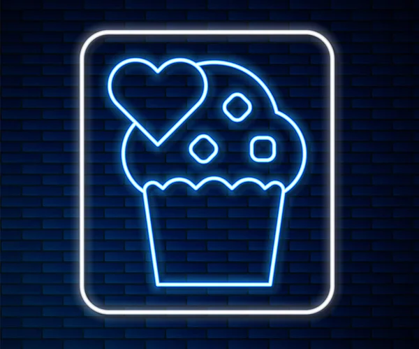 Glowing Neon Line Wedding Cake Heart Icon Isolated Brick Wall — Stockvektor