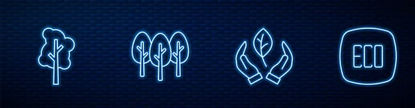 Set Line Leaf Hand Tree Eco Symbol Glowing Neon Icon — Stock Vector