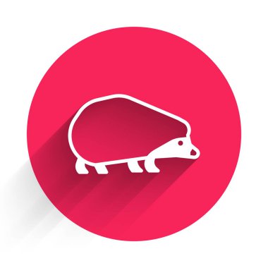 White Hedgehog icon isolated with long shadow. Animal symbol. Red circle button. Vector.