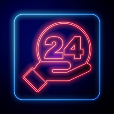 Parlayan neon telefon 24 saat destek ikonu siyah arkaplanda izole edildi. Tüm gün müşteri destek merkezi. Tam zamanlı çağrı servisi. Vektör.