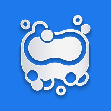 Kağıt kesiği sabun simgesi mavi arkaplanda izole edilmiş. Köpüklü sabun çubuğu. Kağıt sanatı tarzı. Vektör.