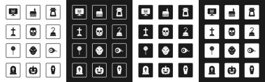 Set Bottle with potion Skull Tombstone cross Pirate hook Castle Eye and Lollipop icon. Vector.