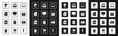 Set Laptop Computer monitor Note paper with push button Cloud database Calendar Mail and e-mail Printer and Delete file document icon. Vector.