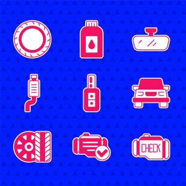 Set Car key with remote Check engine tire wheel muffler mirror and icon. Vector.