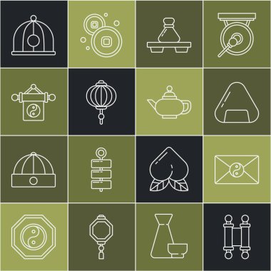Set line Decree paper parchment scroll Yin Yang and envelope Sushi Dumpling on cutting board Chinese lantern hat and tea ceremony icon. Vector.