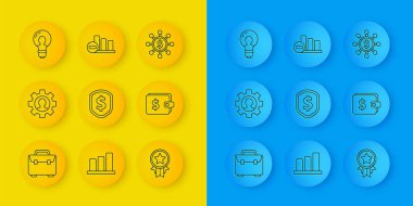 Set line Briefcase Human with gear inside Shield dollar Medal star Wallet Light bulb concept of idea Dollar share network and Pie chart infographic icon. Vector.