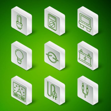 Set line Audio jack Electric plug LED light bulb circuit scheme Light with concept of idea Multimeter Ampere meter multimeter voltmeter and Car battery icon. Vector.