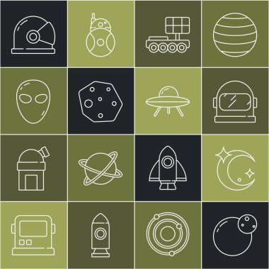 Set line Planet Moon and stars Astronaut helmet Mars rover Asteroid Alien and UFO flying spaceship icon. Vector.