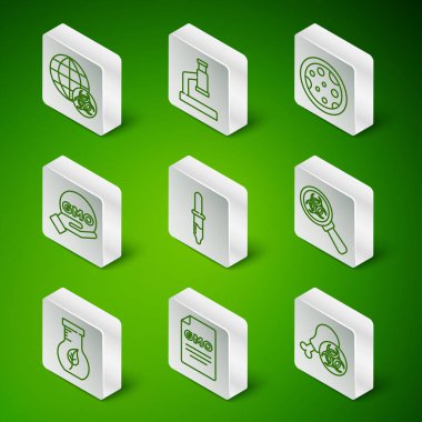 Set line Gmo research chicken GMO Pipette Microscope Test tube and flask and Biohazard magnifying glass icon. Vector.