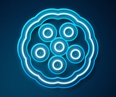 Parlayan neon çizgisi. Kurabiye ya da bisküvi. Mavi arka planda çikolata ikonu var. Vektör.