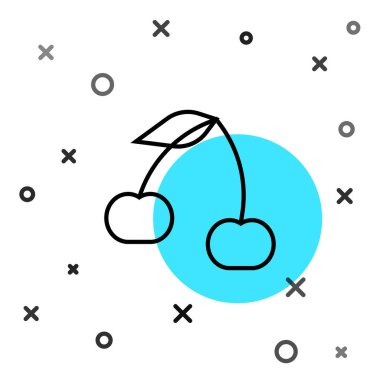 Beyaz arkaplanda siyah çizgi kiraz ikonu izole edildi. Yaprak sembollü meyve. Rastgele dinamik şekiller. Vektör.