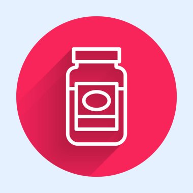 White line Jam jar icon isolated with long shadow background. Red circle button. Vector.