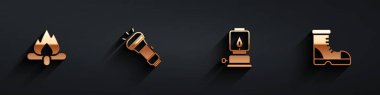 Set Campfire, Flashlight, Camping lantern and Hunter boots icon with long shadow. Vector.