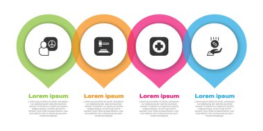 Set Peace talks, Judge gavel, Hospital signboard and Coins on hand - minimal wage. Business infographic template. Vector.