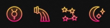 Set line Star constellation zodiac Symbol Mercury Aquarius and Moon and stars. Glowing neon icon. Vector.