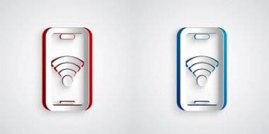 Kağıt, gri arkaplanda izole edilmiş ücretsiz kablosuz bağlantı ikonu ile akıllı telefonu kesti. Kablosuz teknoloji, kablosuz bağlantı, kablosuz ağ. Kağıt sanatı tarzı. Vektör.