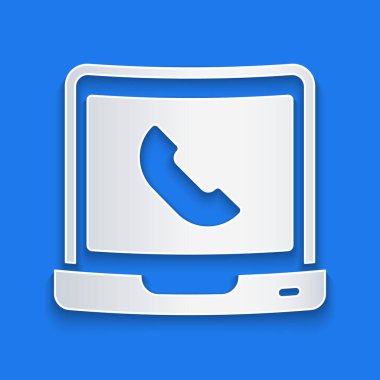 Kağıt kesiği Telefon 24 saat destek ikonu mavi arkaplanda izole edildi. Tüm gün müşteri destek merkezi. Tam zamanlı çağrı servisi. Kağıt sanatı tarzı. Vektör.