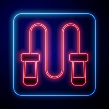 Parlayan neon atlama ipi simgesi siyah arkaplanda izole edildi. İp atlıyorum. Spor malzemeleri. Vektör.