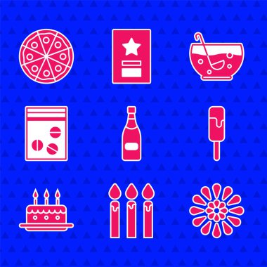 Set Champagne bottle Birthday cake candles Firework Ice cream Cake with burning Plastic bag of drug Mixed punch bowl and Pizza icon. Vector.