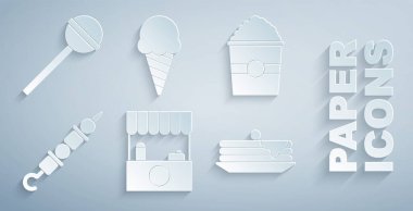 Set Street stall with awning Popcorn box Grilled shish kebab Stack of pancakes Ice cream waffle cone and Lollipop icon. Vector.