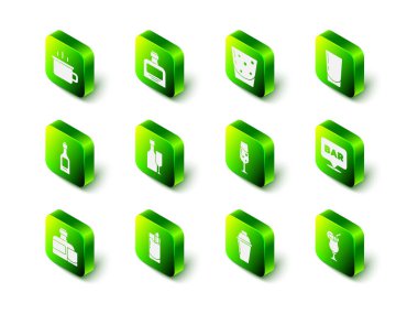 Set Whiskey bottle Glass of rum with water Alcohol bar location Cocktail champagne shaker and Bloody Mary icon. Vector.