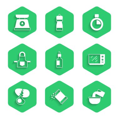 Set Bottle of olive oil Packet pepper Saucepan Microwave oven Broken egg Kitchen apron Stopwatch and Scales icon. Vector.