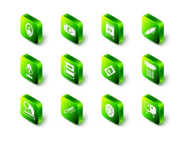 Set Stacks paper money cash Wardrobe Pen Ancient column TV table stand Cinema ticket Gem stone and Hairbrush icon. Vector.