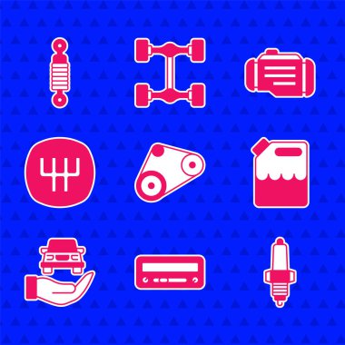 Set Timing belt kit Car audio spark plug Canister for gasoline Auto service check automotive Gear shifter Check engine and Shock absorber icon. Vector.