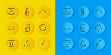 Set line Map pointer with star Man hat ribbon Sunscreen spray bottle Cocktail and alcohol drink Speech bubble airplane Picnic table benches and Suitcase icon. Vector.