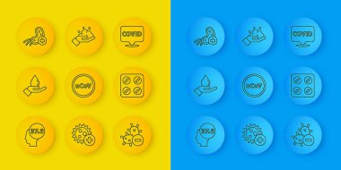 Set line High human body temperature Washing hands with soap Corona virus 2019-nCoV Negative Pills blister pack Positive covid-19 location and icon. Vector.