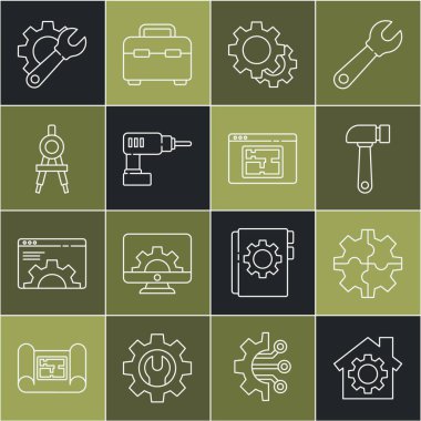 Set line House with gear Gear Hammer Electric drill machine Drawing compass Wrench spanner and and plan icon. Vector.