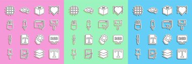 Set line Text Speech bubble with RGB and CMYK Paint brush Isometric cube Marker pen Crossed ruler pencil Grid graph paper and Web design development icon. Vector.