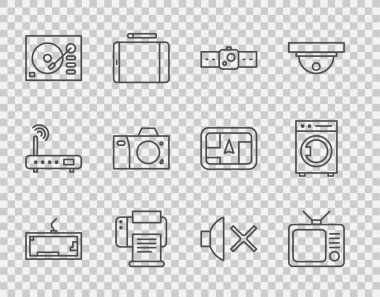 Set line Keyboard Retro tv Smartwatch Printer Vinyl player Photo camera Speaker mute and Washer icon. Vector.