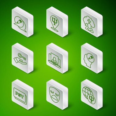 Set line Psychology Psi Drama theatrical mask Addiction to drug Psychologist online Solution problem and icon. Vector.