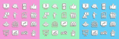 Set line Speaker Hand like Users group Head hunting Question mark and Resume icon. Vector.