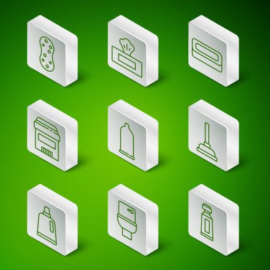 Set line Tube of toothpaste Toilet bowl Sponge Condom Antiperspirant deodorant roll Wet wipe pack Bottle for cleaning agent and Rubber plunger icon. Vector.