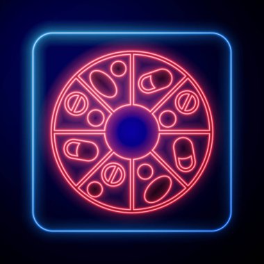 Glowing neon Vitamin complex of pill capsule icon isolated on black background. Healthy lifestyle. Vector.