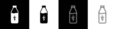 Set Holy water bottle icon isolated on black and white background. Glass flask with magic liquid. Vector.
