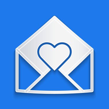 Kağıt kesiği Zarfta mavi arka planda Sevgililer Günü kalp ikonu var. Mesaj aşkım. Aşk ve romantizm mektubu. Kağıt sanatı tarzı. Vektör.