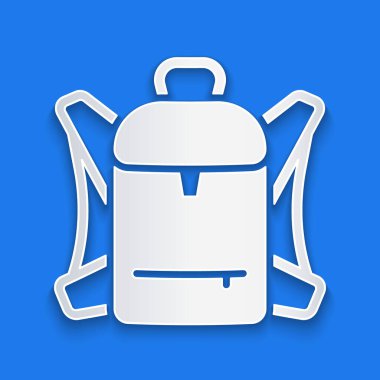 Kağıt kesiği Yürüyüş sırt çantası simgesi mavi arkaplanda izole edildi. Kamp ve dağ gezisi sırt çantası. Kağıt sanatı tarzı. Vektör.