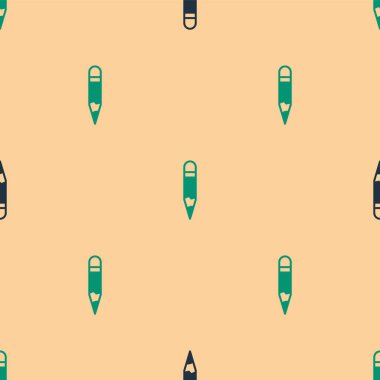 Green and black Pencil icon isolated seamless pattern on beige background. Drawing and educational tools. School office symbol. Vector.