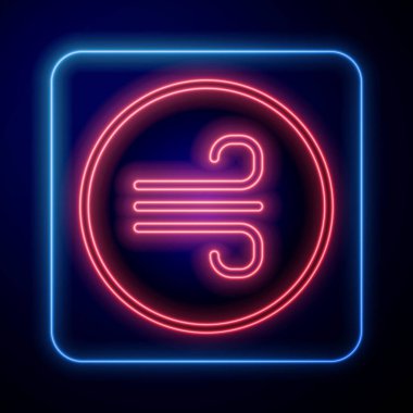 Parlayan neon rüzgarlı hava ikonu siyah arkaplanda izole edildi. Bulut ve rüzgar. Vektör.