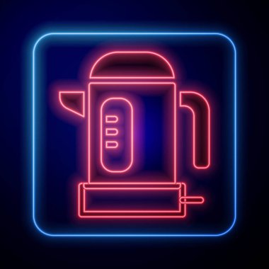 Parlayan neon elektrikli su ısıtıcısı simgesi siyah arkaplanda izole edildi. Çaydanlık ikonu. Vektör.