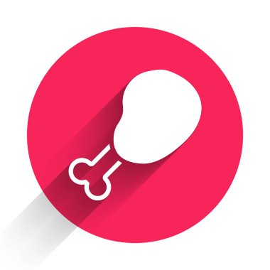 Beyaz Tavuk bacak ikonu uzun gölge arkaplanı ile izole edilmiş. Tavuk budu. Kırmızı daire düğmesi. Vektör.