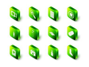 Set Magnifying glass for search medical Pills blister pack Medical symbol of the Emergency Medicine pill tablet Inhaler Bottle nasal spray and First aid kit icon. Vector.